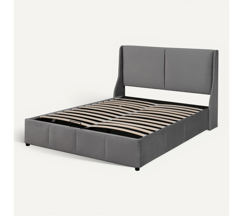 Lit Coffre Tapissé Velours Gris 140x200 Avec Sommier à Lattes Pour Chambre