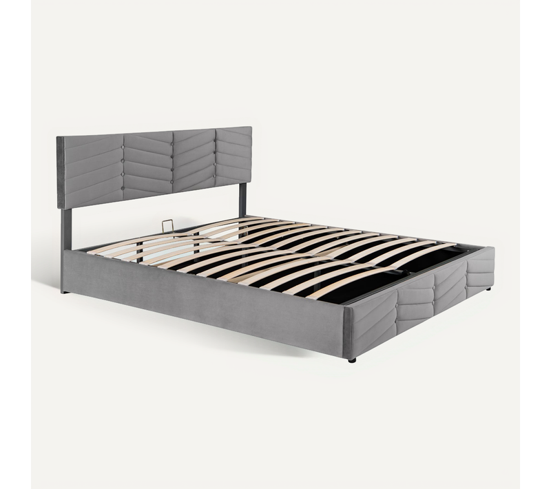Lit Coffre Velours Gris 180x200 Avec Tête De Lit Réglable