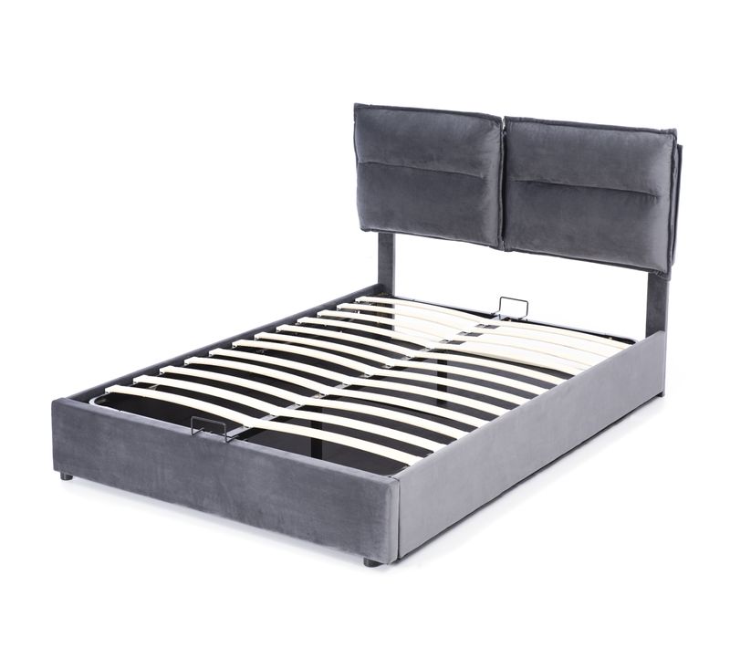Lit Coffre 140x200 Cm Gris En Velours, Tête De Lit Réglable, Rangement Sous Sommier