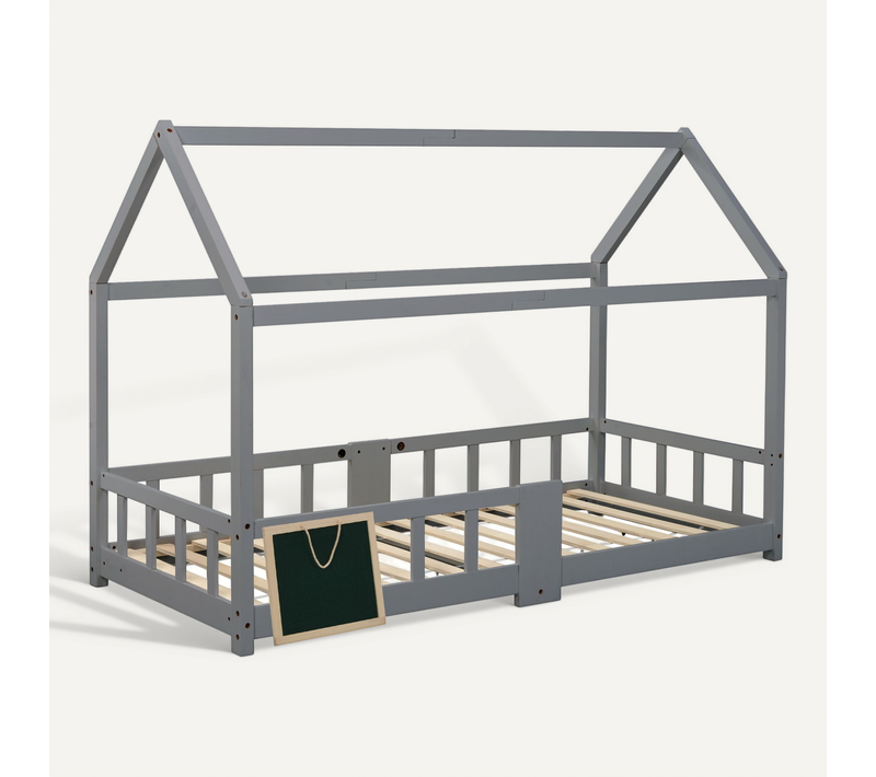 Lit Enfant Cabane Gris 90x200 Cm Avec Tableau Et Sommier à Lattes, Chambre