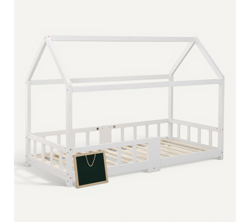 Lit Enfant Cabane Blanc 90x200 Cm Avec Ardoise Et Sommier à Lattes