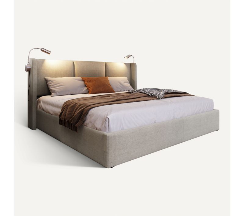 Lit Coffre Tapissé Beige 140x200 Cm Avec Sommier Relevable Et Liseuse USB