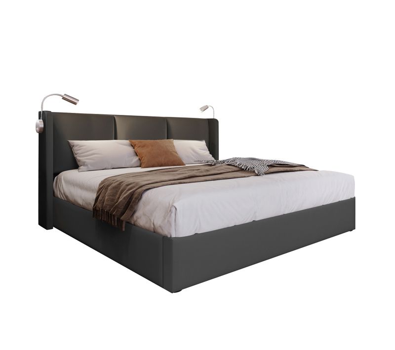 Lit Coffre 140x200 Cm Gris En Pu Avec Tête De Lit Et Liseuse USB Pour Chambre