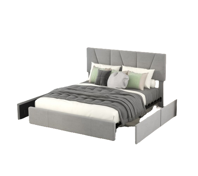 Lit Plateforme Rembourré Gris 140x200 Cm Avec 4 Tiroirs De Rangement