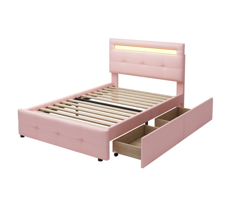 Lit 90x200 Cm Avec 2 Tiroirs Rose