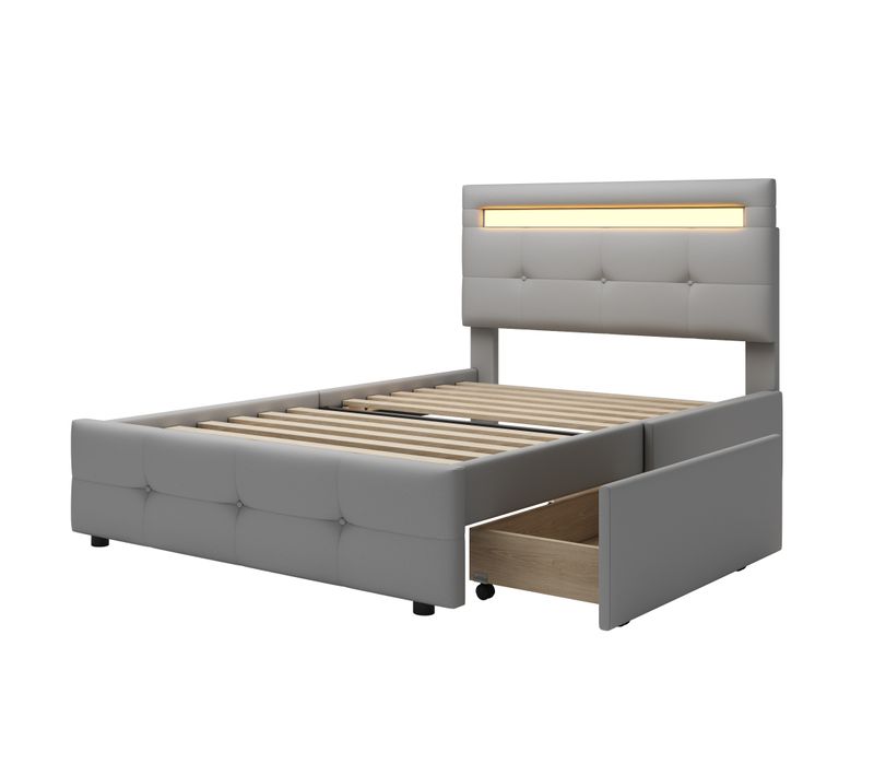 Lit 90x200 Cm Gris Avec LED Et 2 Tiroirs, Pour Chambre Enfant Ou Ado