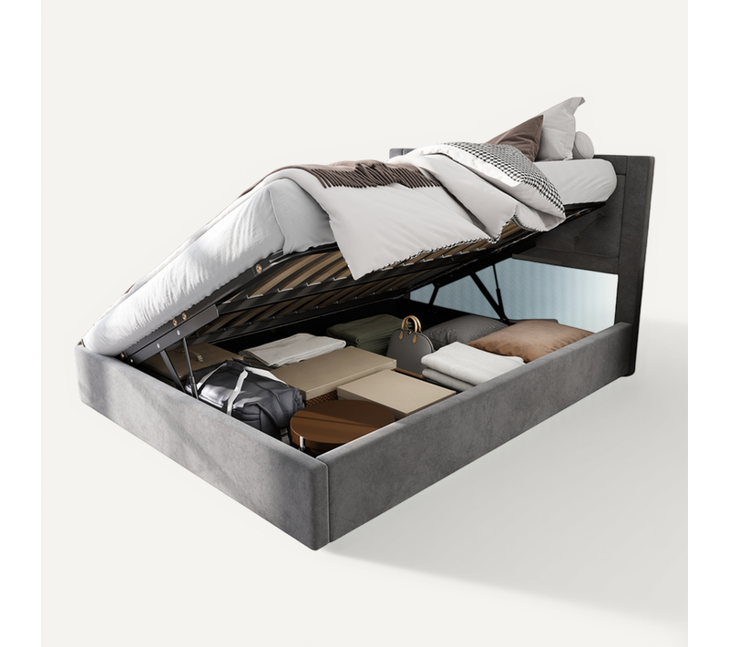 Lit Coffre Tapissé Velours Gris 140x200 Cm Avec Sommier Relevable Gauche/droite