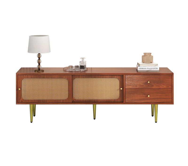 Meuble TV 160 Cm Avec Portes Coulissantes En Rotin Synthétique Finition Noyer
