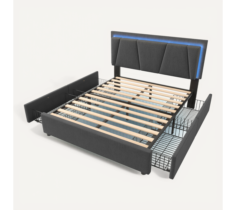 Lit Coffre Tapissé Gris 140x200 Avec LED Et 4 Tiroirs, Tête De Lit Réglable