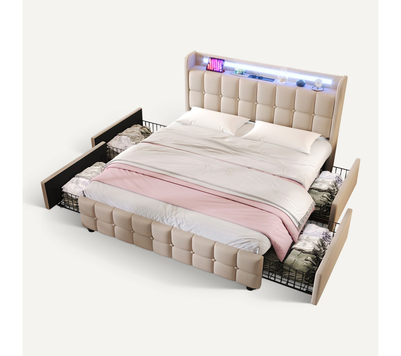 Lit Rembourré 180x200 Cm Avec 4 Tiroirs Beige