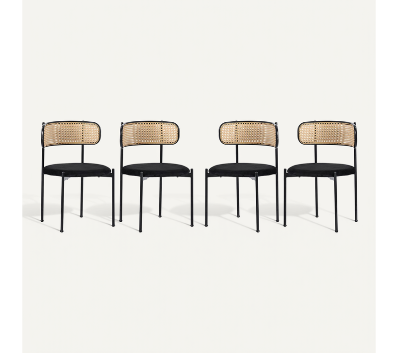 Lot De 4 Chaises De Salle à Manger Noires En Velours Avec Dossier En Rotin