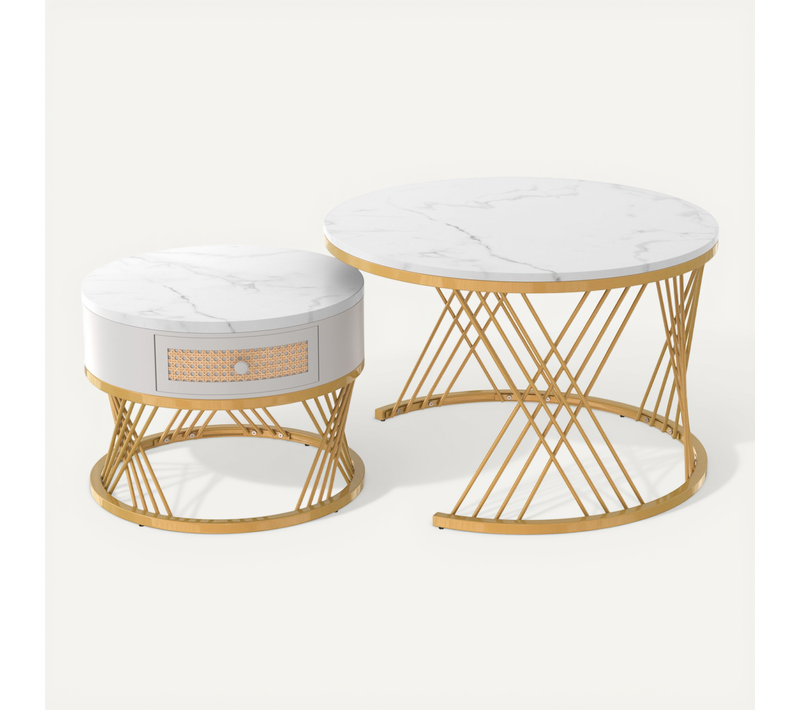 Tables Basses Gigognes Rondes Avec Tiroir, Plateau Effet Marbre Et Structure En Mdf