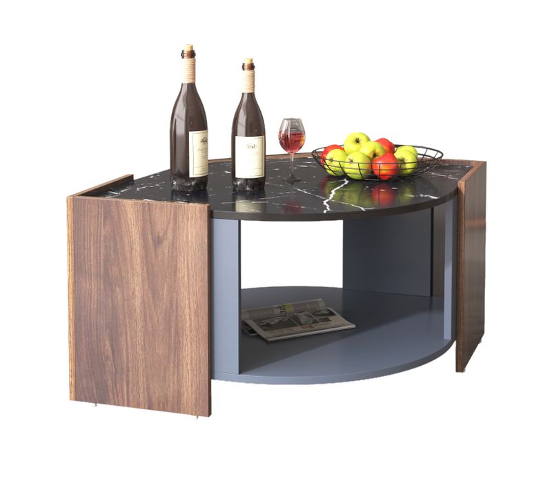 Table Basse Noire Effet Marbre Et Noyer 96,5 Cm Avec Rangement