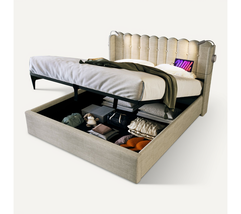 Lit Coffre 160x200 Cm Avec Sommier Relevable Tête De Lit Avec Liseuse