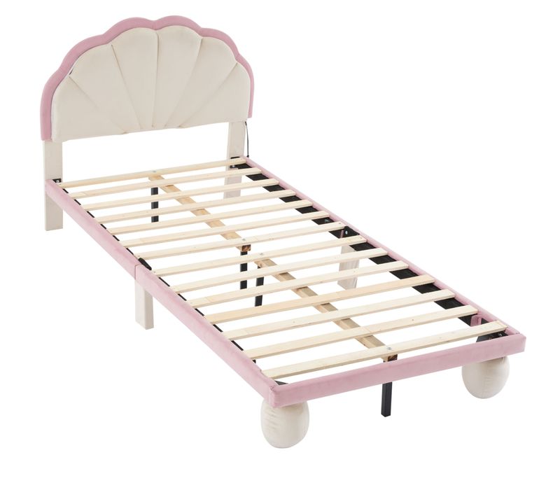 Lit Enfant Rembourré Velours Beige/rose 90x200 Cm Avec Bande LED Multicolore