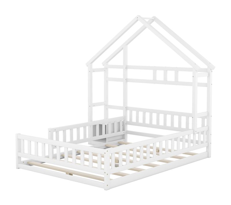 Lit Enfant Cabane Blanc 140 X 200 Cm Avec Barrière Et Table De Chevet