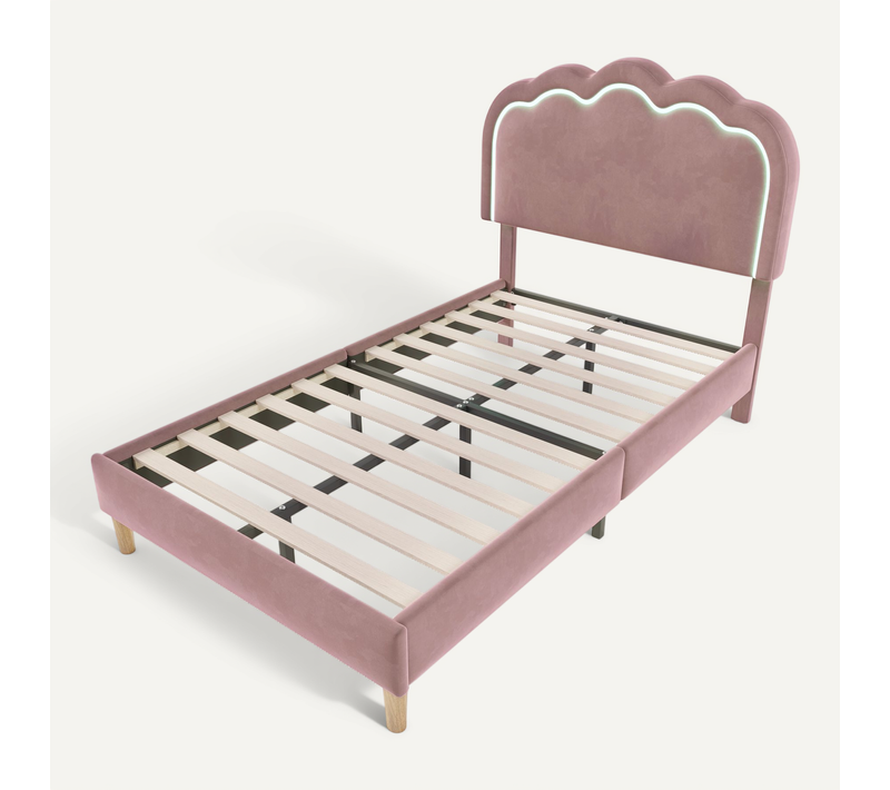 Lit Rembourré Rose 90x200 Cm Avec Tête De Lit LED Et Hauteur Réglable, Chambre