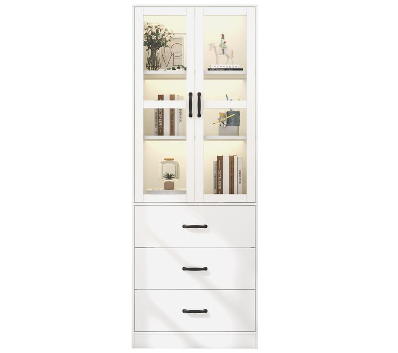 Vitrine Blanche LED 200 Cm Avec 3 Tiroirs Et étagères Réglables