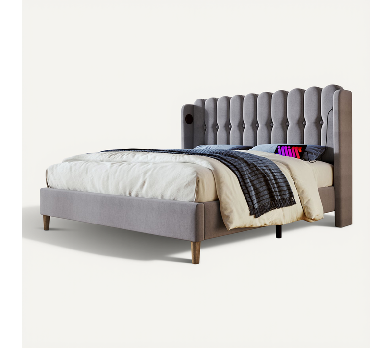Lit Rembourré Gris 140x200 Cm Avec Ports USB Et USB-c Pour Chambre