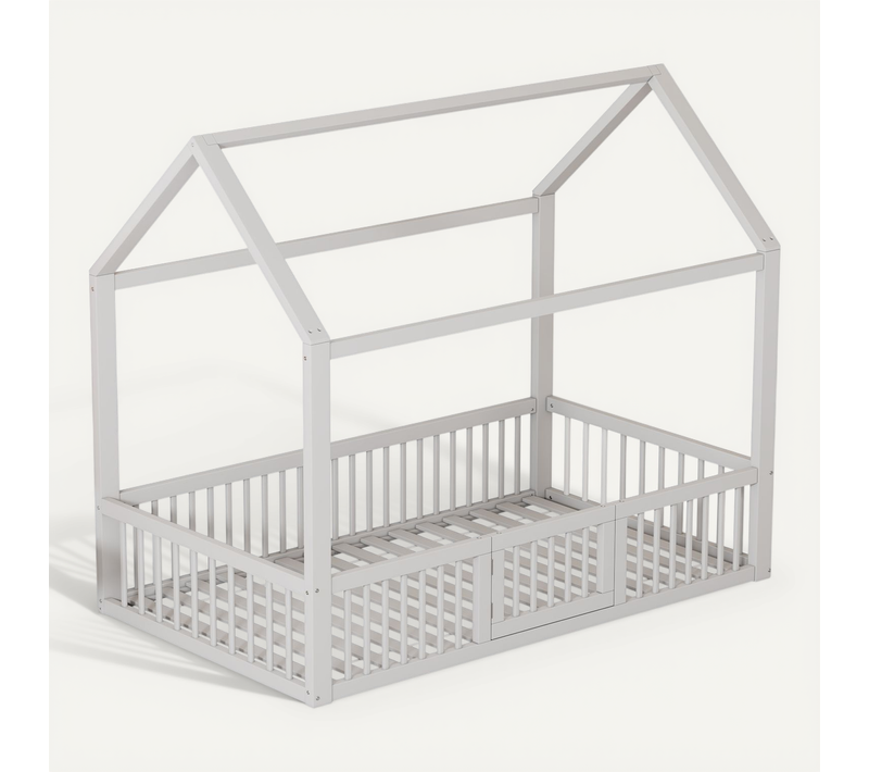 Lit Cabane Blanc 90x200 Cm Avec Barrière Et Portillon Pour Chambre Enfant