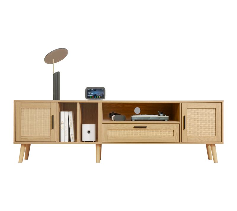 Meuble TV 180 Cm Avec 2 Portes, 1 Tiroir Et Cannage Coloris Chêne