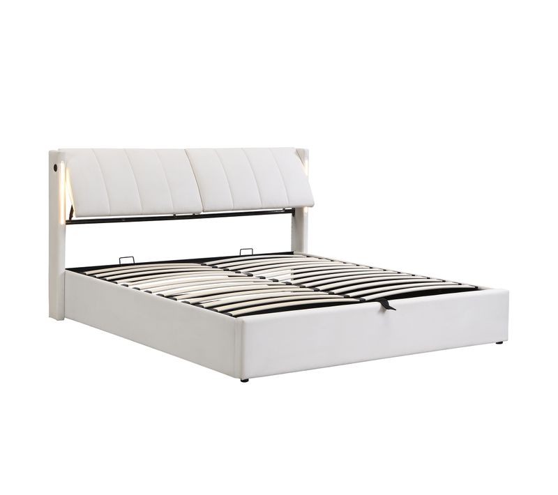 Lit Coffre Pu Blanc 140x200 Cm Avec LED Et Port USB Pour Chambre