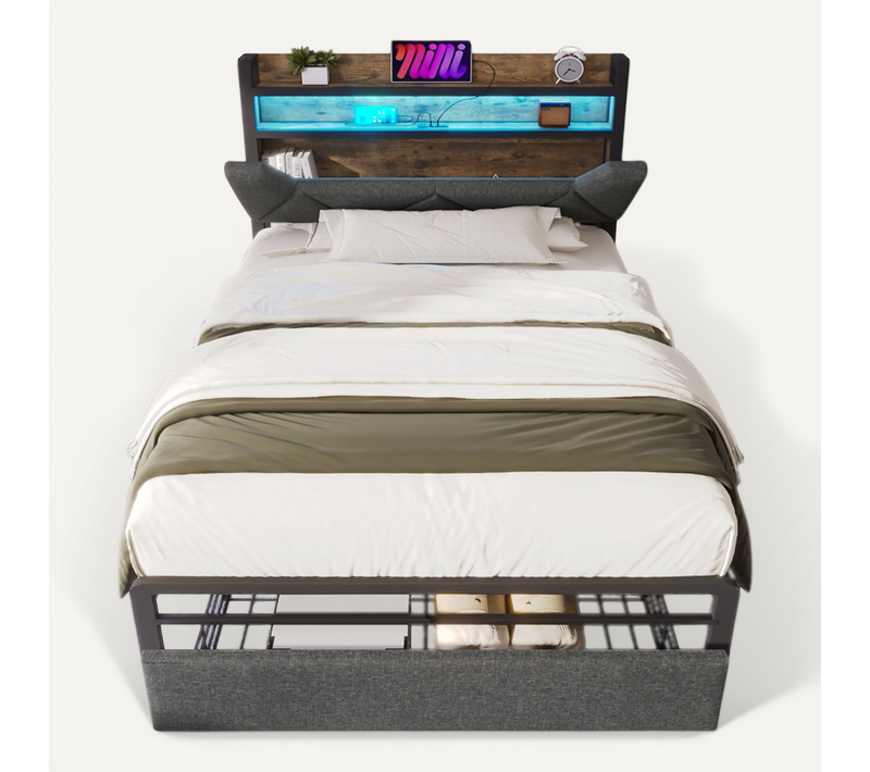 Lit Coffre Gris 90x200 Cm Avec LED, Tête De Lit Rangement Et Ports USB/type-c