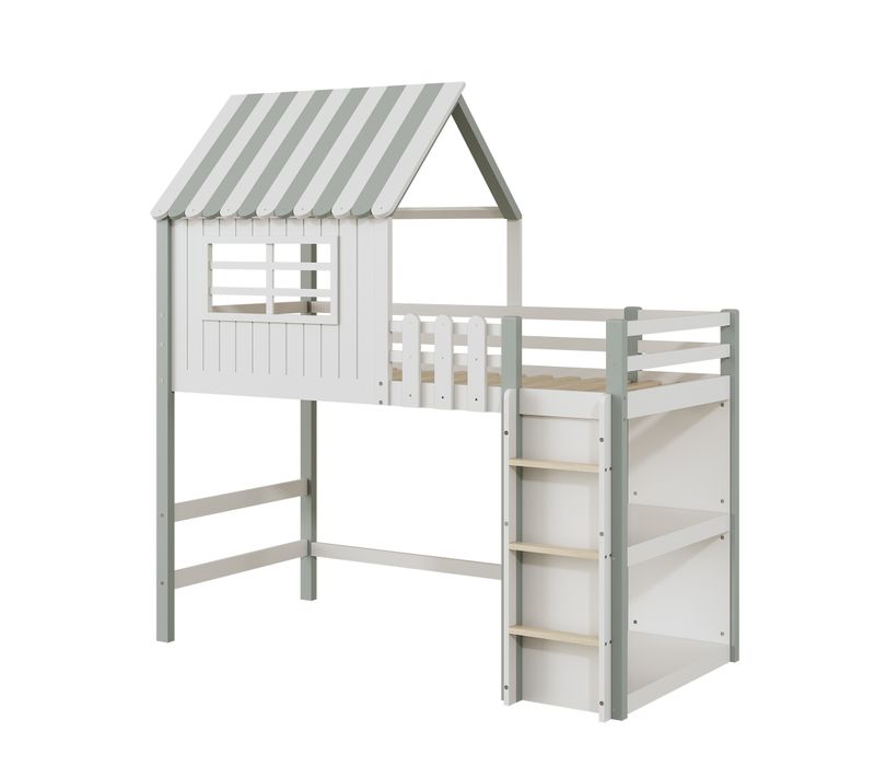 Lit Enfant Cabane Vert 90x200 Cm Avec Échelle De Sécurité Et Rangement