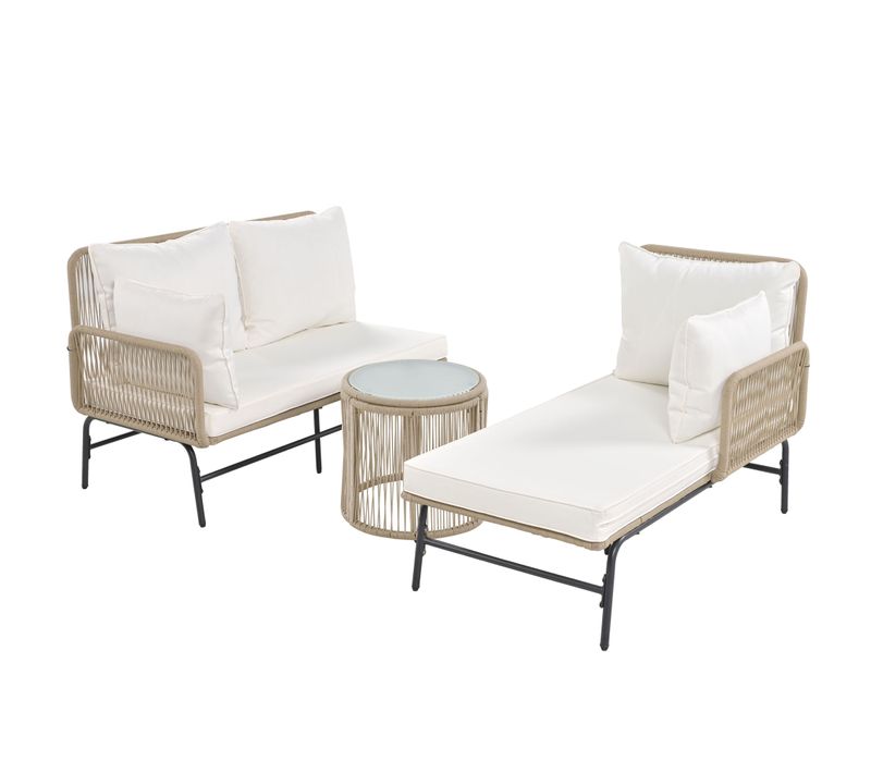 Salon De Jardin 6 Pièces Avec Structure En Fer Et Corde Tissée Beige