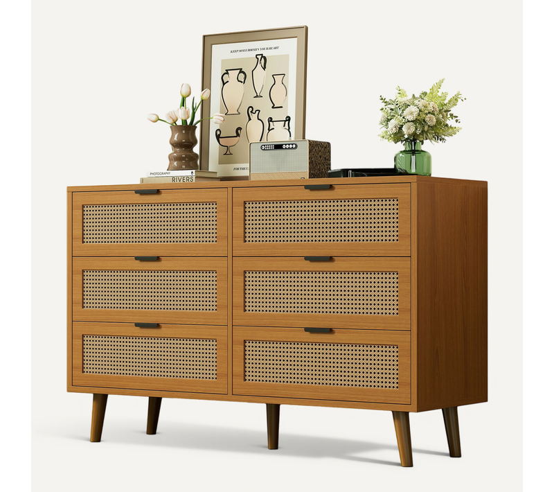 Commode 6 Tiroirs 120 Cm Avec Structure En Panneaux De Particules Finition Noyer