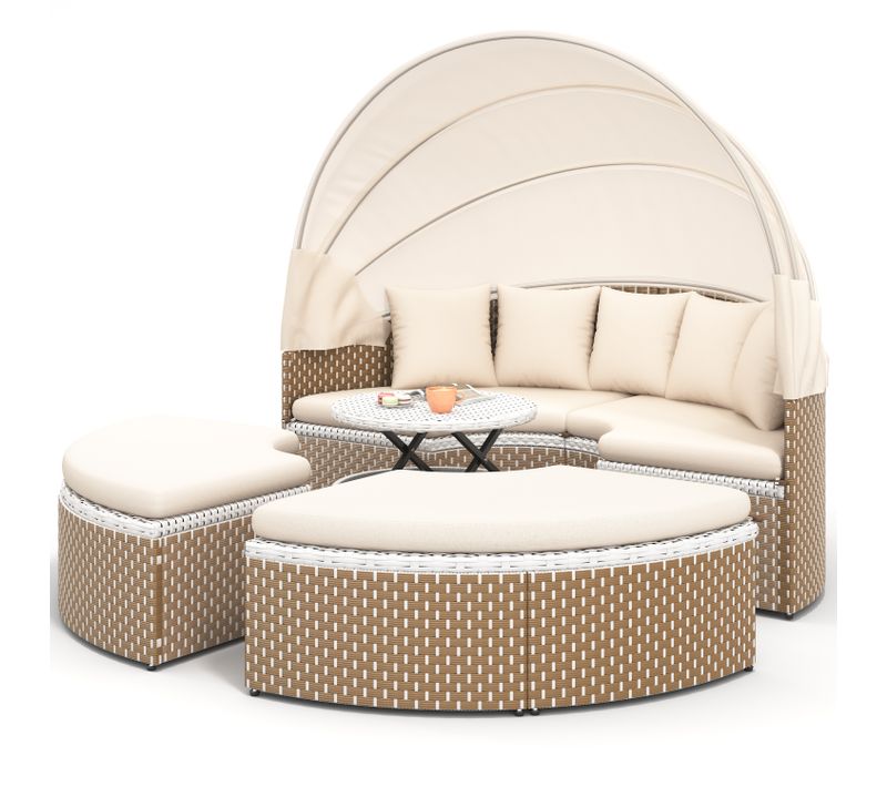 Canapé Rond D.170 Cm Avec Structure En Fer Et Pare-soleil Pliant Beige