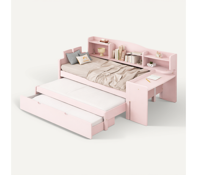 Lit Enfant Rose 90x200 Avec Lit Gigogne, Bureau Et 3 étagères, Chambre