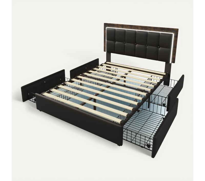 Lit Coffre LED Noir 160x200 Cm Avec 4 Tiroirs De Rangement Pour Chambre