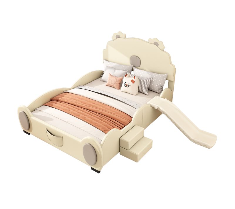 Lit Enfant 140x200 Cm Avec Structure Avec Toboggan Beige