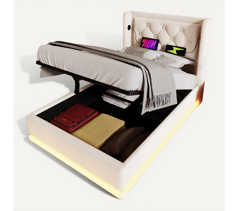 Lit Coffre 90x200 Cm Avec Structure En Acier Tête De Lit Capitonnée