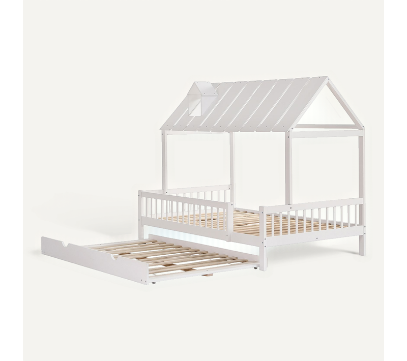 Lit Cabane Blanc 120x200 Cm Avec Lit Gigogne Et Barrière 3 Côtés Pour Chambre Enfant