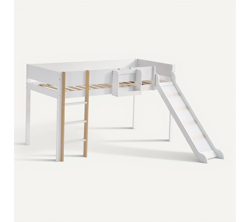 Lit Mezzanine 90x200 Cm Avec échelle Droite Et Toboggan Blanc Et Naturel