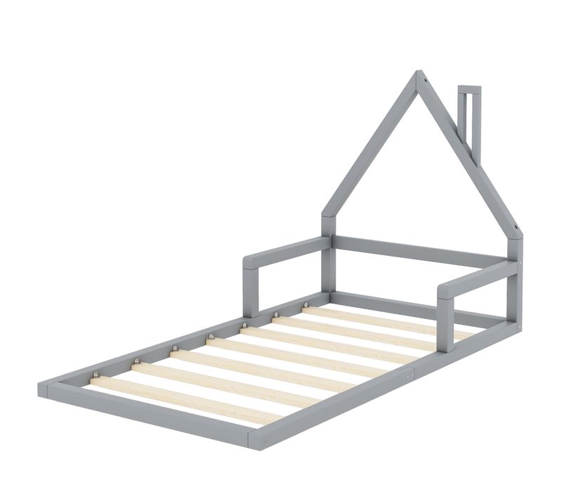 Lit Enfant Cabane Gris 90x200 Cm, Structure En Pin, Pour Chambre