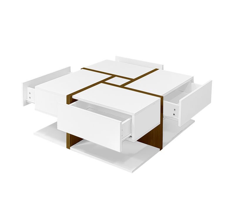 Table Basse Carrée 78x78 Cm Avec 4 Tiroirs Et Tablette Basse Brillante