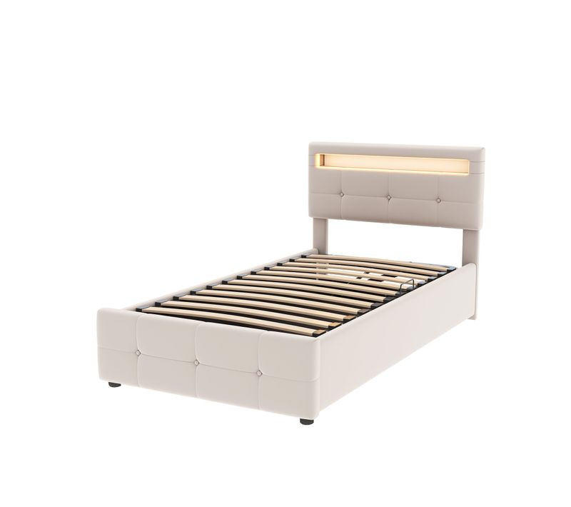 Lit Enfant Rembourré Beige 90x200 Cm Avec LED Et Coffre De Rangement