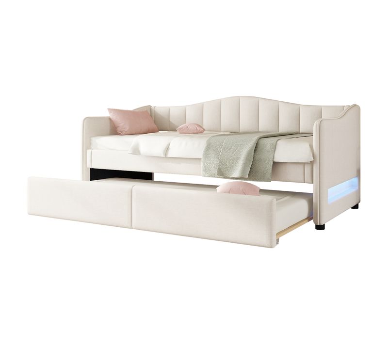 Lit Simple 90x200 Cm Avec Lit Gigogne Tête De Lit Éclairage LED Beige