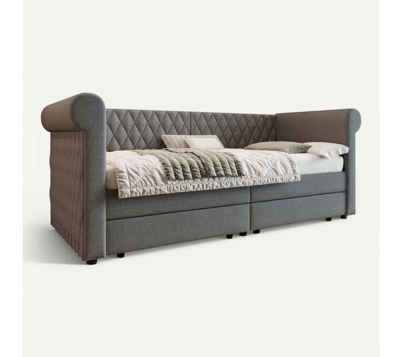 Lit Banquette Gris 90x200 Cm En Lin Avec 2 Tiroirs De Rangement