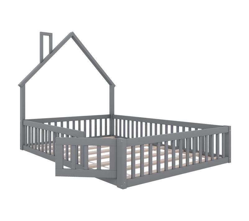 Lit Enfant Gris 140x200 Cm Avec Forme Cheminée, Avec Sommier à Lattes