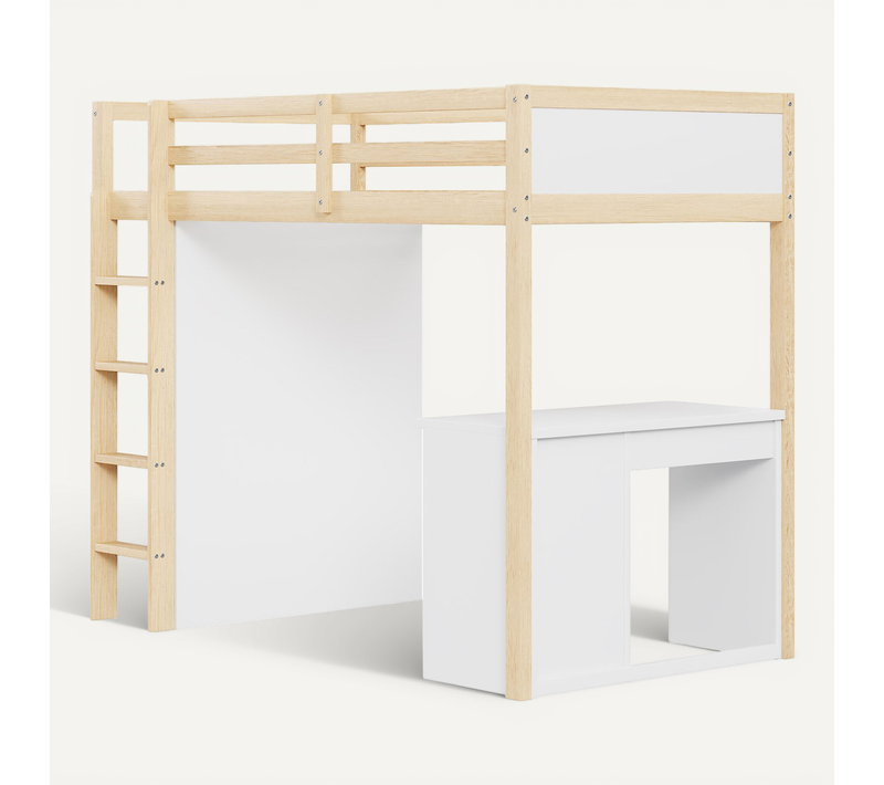 Lit Mezzanine Bois Naturel 90 X 200 Cm Avec Bureau Et Rangements Pour Chambre Enfant