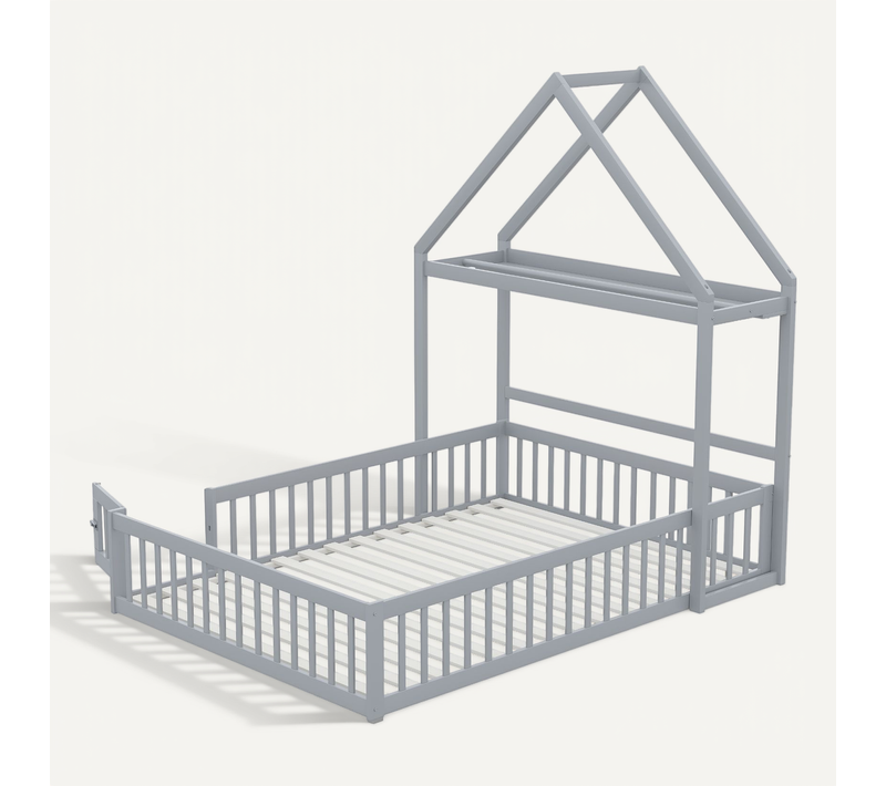 Lit Enfant Cabane Gris 140x200 Cm Avec Rangement Et Barrière De Sécurité