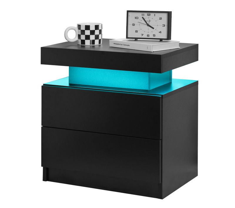 Table De Chevet 2 Tiroirs Avec Éclairage LED Réglable Noire