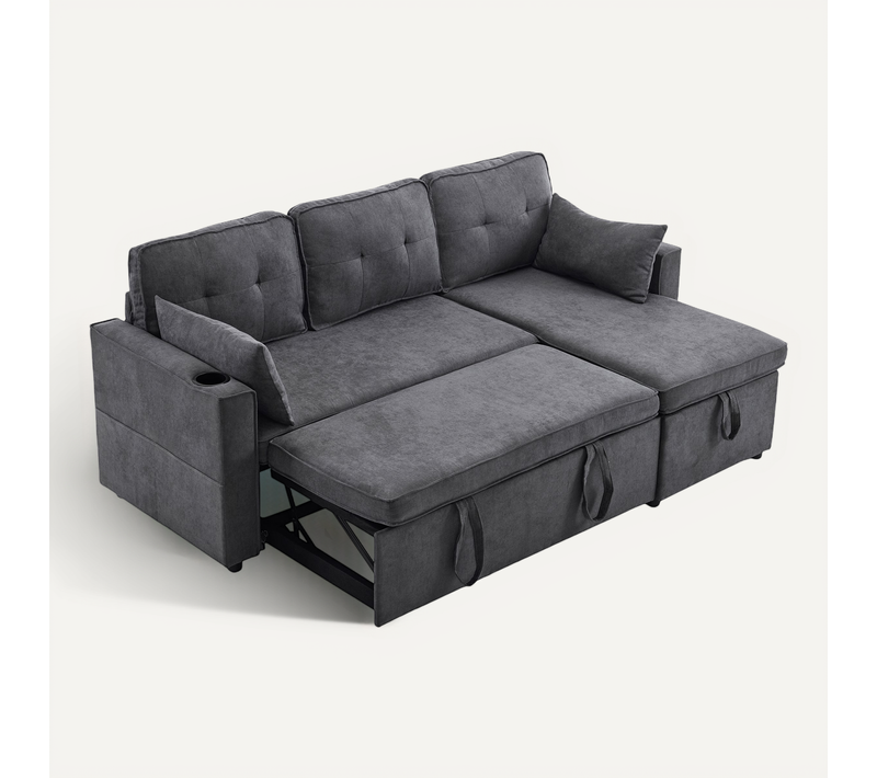Canapé D'angle Convertible Gris 211 X 130 Cm Avec Rangement