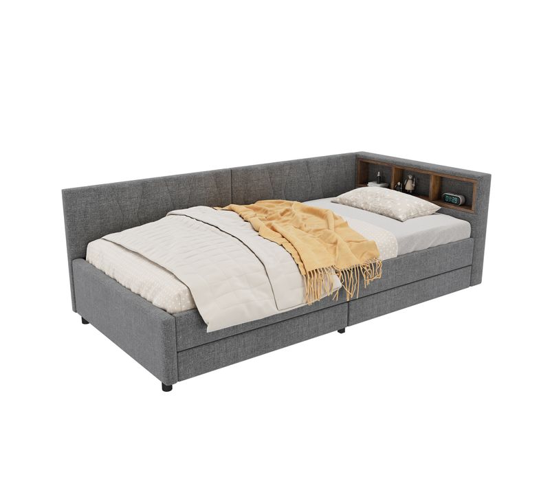 Daybed Gris 90x200 Cm En Lin Avec Tiroirs Et Ports USB/type C Pour Chambre
