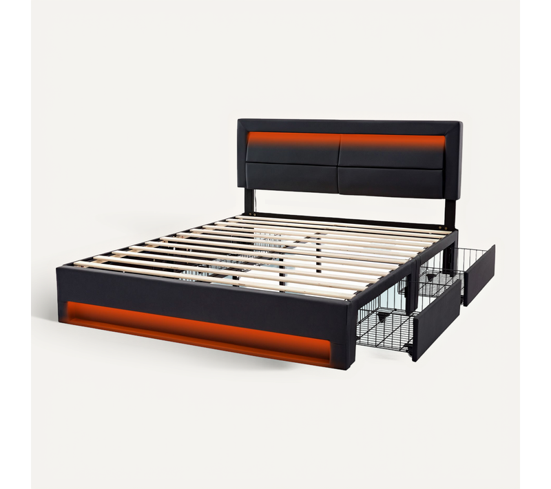 Lit Rembourré Noir 140x190 Cm Avec LED, Ports USB Et 4 Tiroirs De Rangement