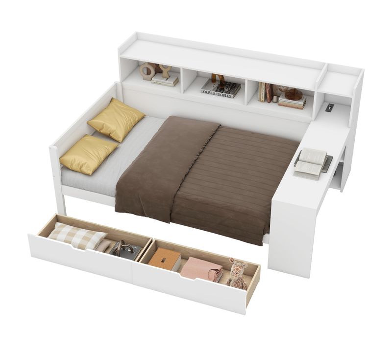 Lit Simple 90x200 Cm Avec Structure Avec Bureau Intégré Blanc